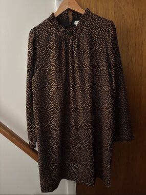 J. Crew Black Long-Sleeve Dress with Brown Dot Print